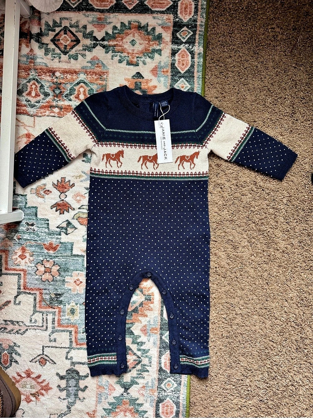 Zara Knit Fair Isle Footie in Blue & White Baby 6-12 Months NWT